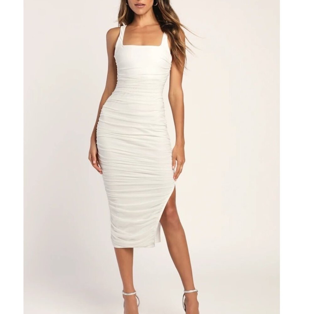 Lulus-V.I.P. Treatment White Mesh Ruched Bodycon Midi Dress size XL Bridal